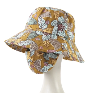 Women floral sun hat with wide brim and integrated face mask in yellow pattern