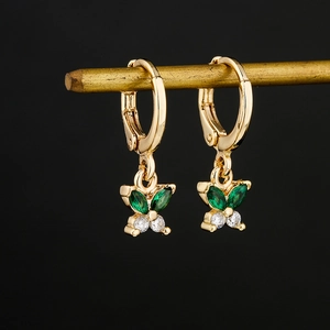 18K gold plated copper butterfly drop earrings with green and white zircons