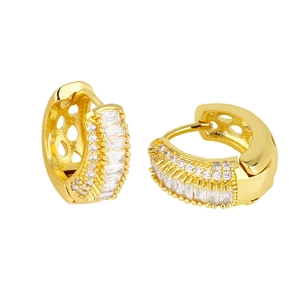 Golden huggie earrings with pavé set cubic zirconia and heart hollow-out details