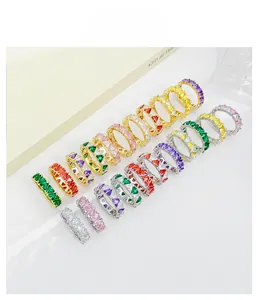 Close-up of trilliant-cut multi-colored zircon eternity rings in gold and silver plating