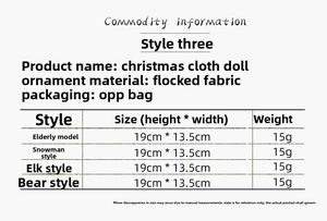 Size chart for plush Christmas ornaments showing dimensions and materials for the set
