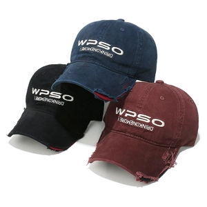 Distressed cotton baseball caps in navy, black, and burgundy with WPSO embroidery