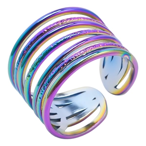 Détail macro d'une bague ouverte multicouche en acier inoxydable aux reflets arc-en-ciel