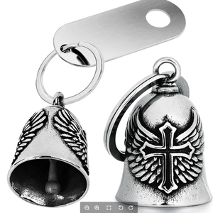 Stainless steel motorcycle bells with wings and cross engraving on a keychain
