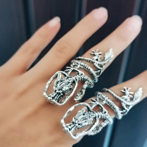 Macro view of silver dragon rings featuring intricate scales and punk style details