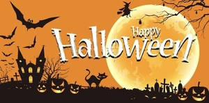 Halloween banner with pumpkin, ghost, and bat silhouette against a moonlit night sky