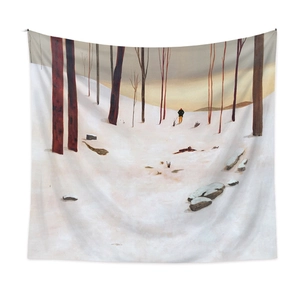 Detail view of artistic tapestry showing winter snowy forest and a tiny human figure