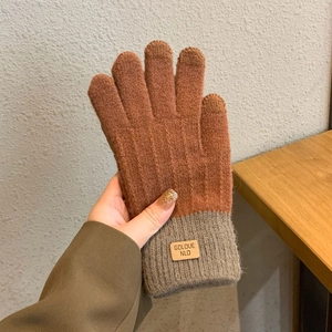 Unisex thermal knit touchscreen gloves in caramel and grey with cozy fleece lining