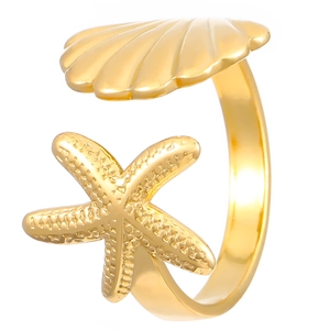 Anillo ajustable dorado con estrella de mar y concha con texturas finas