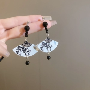 Fan Dangle Earrings With Silver Earring Post Alloy Acrylic Chinese Style Ink Painting Bamboo Pattern Oriental Jewelry