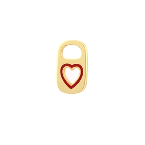 Macro shot of 18K gold-plated pendant with red enamel heart in a rectangular tag shape