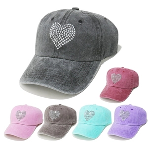 Rhinestone Heart Baseball Cap Washed Cotton Sun Protection Adjustable Casual Outdoor Hat For Women