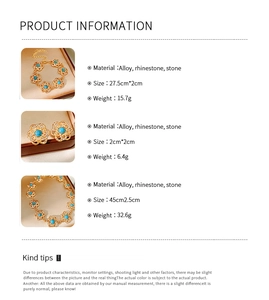 Detailed size and material chart for vintage floral necklace, bracelet and earring set