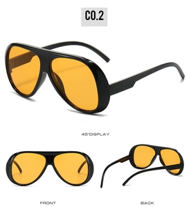 Detailed multi-angle views of oversized aviator sunglasses with orange lenses and black frames