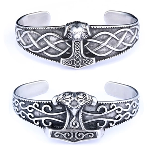 Nordic Viking Mjolnir cuff bracelet in stainless steel with Celtic knot engravings