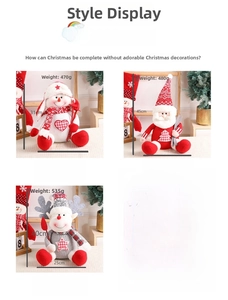 Detailed views of seated Christmas plush dolls featuring Santa, snowman, and reindeer designs