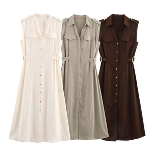 Robe Chemise Midi Sans Manches Mélange Lin Style Cargo Utility Revers Boutonnée Couleur Unie Femme Élégante Bureau