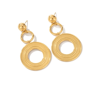 Gold plated titanium steel large hoop earrings with textured relief and tassel design