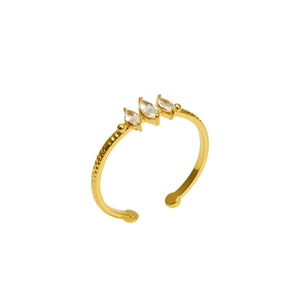 Verstellbarer vergoldeter Edelstahlring mit drei Marquise-Zirkonia und Hammerschlag-Optik