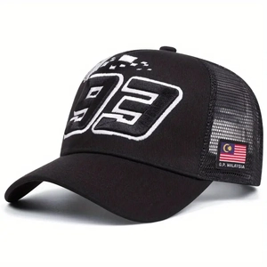 Racing style black trucker hat with 93 embroidery and breathable mesh panels