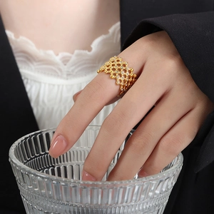 French vintage mesh hollow ring in 18K gold plated titanium with sparkling crystals
