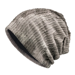 Unisex grey cable knit slouchy beanie hat with thick warm lining for winter