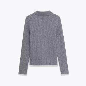 Grey long sleeve knit sweater with polo collar and pearl buttons for a slim fit look