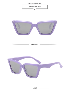 Detail view of purple cat eye sunglasses in C4 color showing front and side profiles