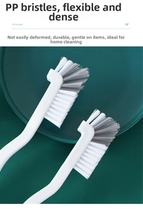 Close-up of flexible PP bristles on a curved long-handle cleaning brush for deep gaps