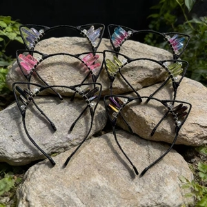 Handmade Cat Ear Headband Natural Crystal Cluster Pointed Gemstone Wire Wrapped Hair Band Forest Party For Women Girls