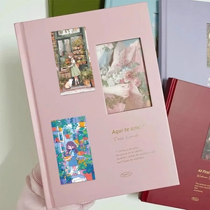 Pink cartoon girl and cat stickers on hard cover journal with oil painting window