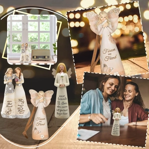 Detailed group view of resin friendship angel figurines with heartfelt carved quotes