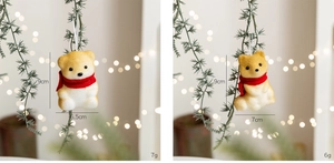 Detailed view of 9cm foam bear and puppy Christmas ornaments with red scarves and soft flocking