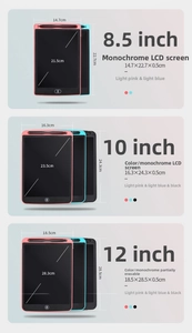 Detailed size comparison chart for 8.5, 10, and 12-inch LCD writing tablets for kids