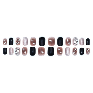 Black and pink press-on nails with silver glitter stars and rhinestones set