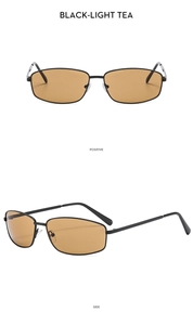 Front and side views of trendy black metal sunglasses with light tea rectangle lenses