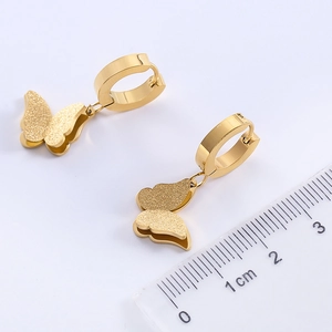 18K gold plated stainless steel butterfly drop earrings with frosted matte wings and ruler