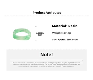 Green resin geometric bangle specifications showing 49.2g weight and 8x8cm dimensions