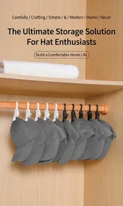 Detail of versatile plastic rotating clips for baseball caps in closet storage