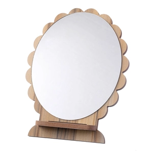 Portable round wooden sunflower makeup mirror with adjustable desk stand on white background