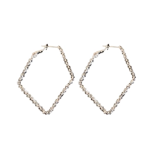 Minimalist silver rhombus hoop earrings with textured metal finish and secure stud closure