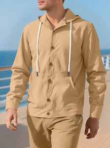 Detail of khaki cotton linen hooded shirt with white drawstrings and button closure