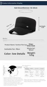 Size chart and dimensions for men's winter flat cap with ear protection and wool fabric