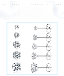 Detail view of round claw stud earrings with cubic zirconia in five different sizes