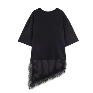 Women's black crewneck short sleeve t-shirt with asymmetric lace patchwork hemline