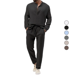 Men's casual long sleeve henley shirt and drawstring pants set in charcoal grey fabric