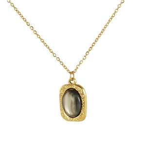 Vintage 18K gold plated stainless steel necklace with oval iridescent natural stone pendant