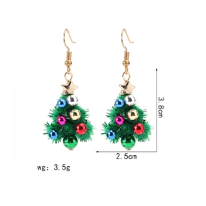 Detail view of 3.8cm flocked green Christmas tree earrings with colorful beads
