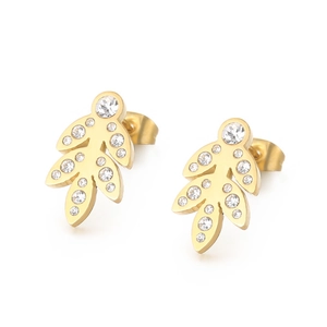 Elegant gold leaf earrings with shimmering zircons shown on a clean white background