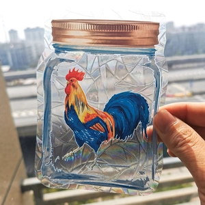 Rainbow suncatcher window cling with colorful rooster design on clear static PVC film
